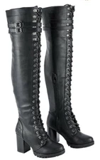 Motorcycle Women's Knee High Fully Laced PVC Riding Harley Boot Comfortable Blk 
