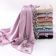 Muslim Satin Rhinestone Headscarf Hijab Women Head Wrap Shawl Bandana Scarf Arab