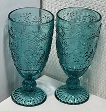 Set of 2 The Pioneer Woman Amelia Teal Glasses Excellent Used Condition 7-1/4”T