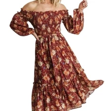 Baltic Born Off Shoulder Smocked Floral Tie Waist Dress Size XL NWT