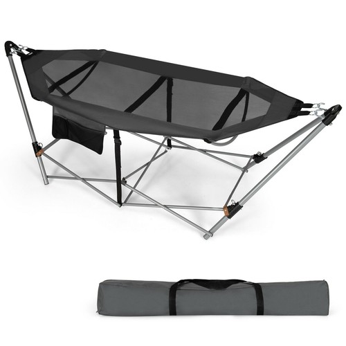 Folding Hammock Indoor & Outdoor Hammock with Side Pocket & Iron Stand Grey