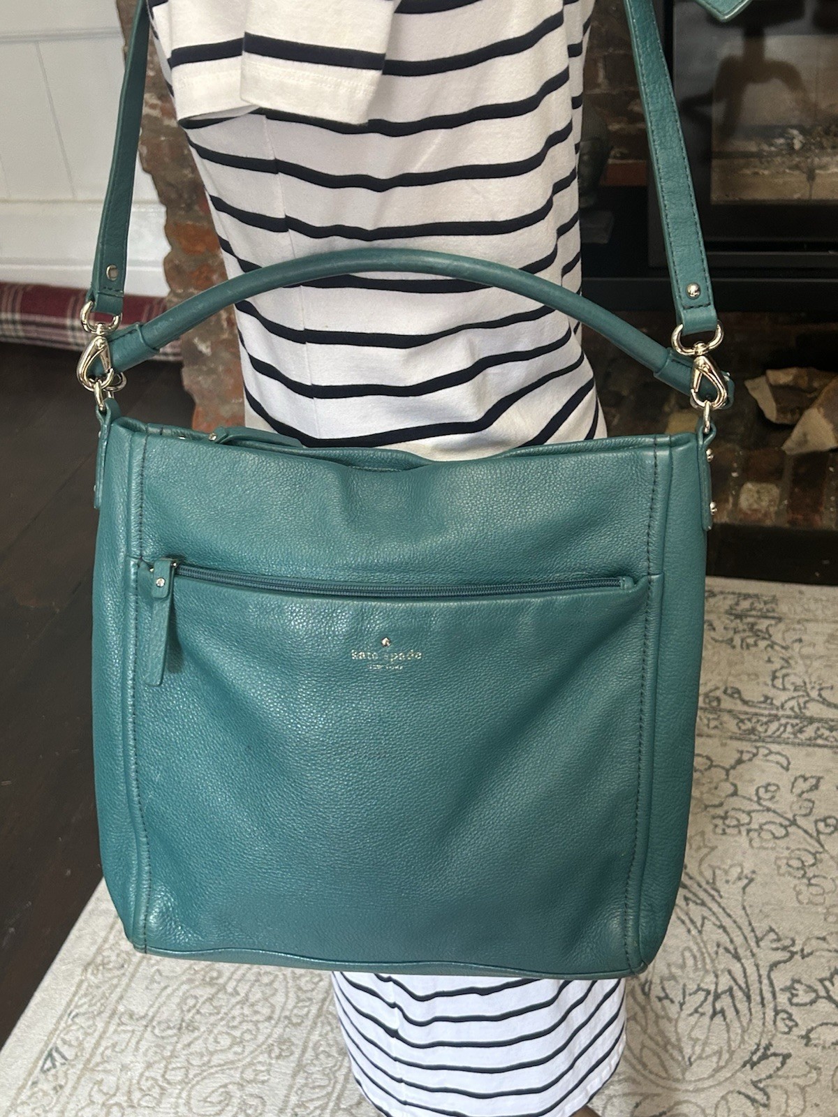 Kate Spade Finley Teal Pebbled Leather Hobo Shoulder Bag Crossbody Front Zip image 2