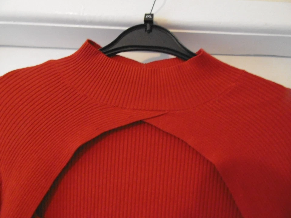 Peacocks Size 20 Red High Neck With Cut Out Red Ribbed Long Sleeve Jumper. New - Image 2 of 4
