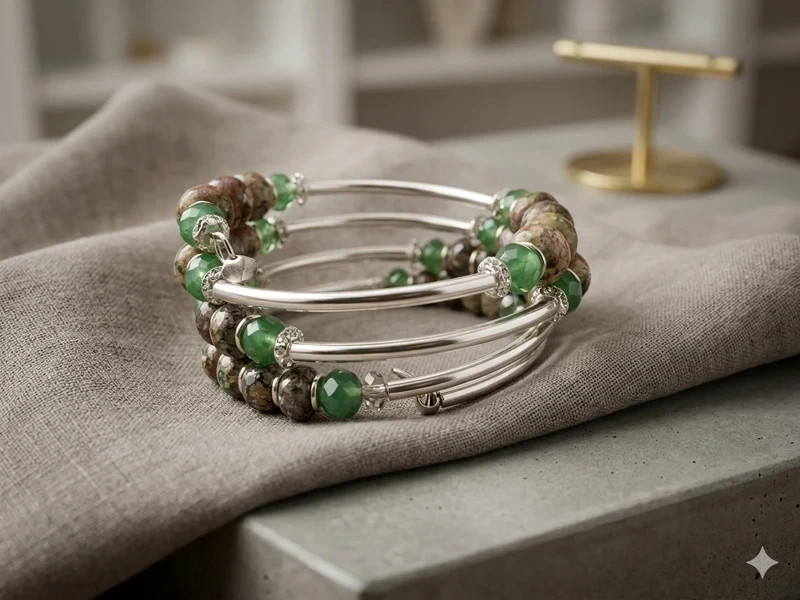 Green Stone Silver Wrap Bracelet Stack