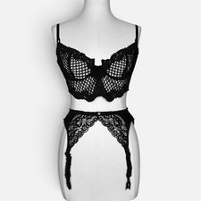 Vintage Christian Dior Lingerie Set 34B Black Lace Bra Bustier Garter Belt 80s