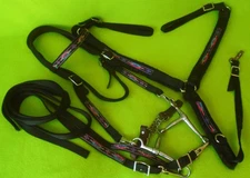 TRIPLE E Tack SET~BLACK Southwest~BRIDLE~BREAST COLLAR~BIT~REINS~HORSE Size~USA!