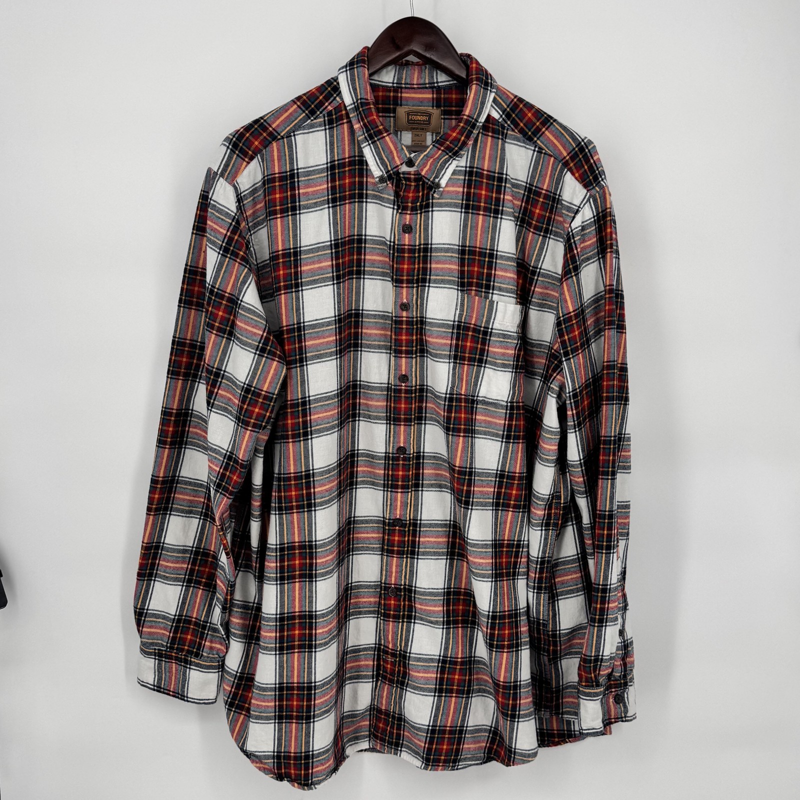 The Foundry Supply Co Shirt Mens 2XLT White Plaid Flannel Long Sleeve Button Up