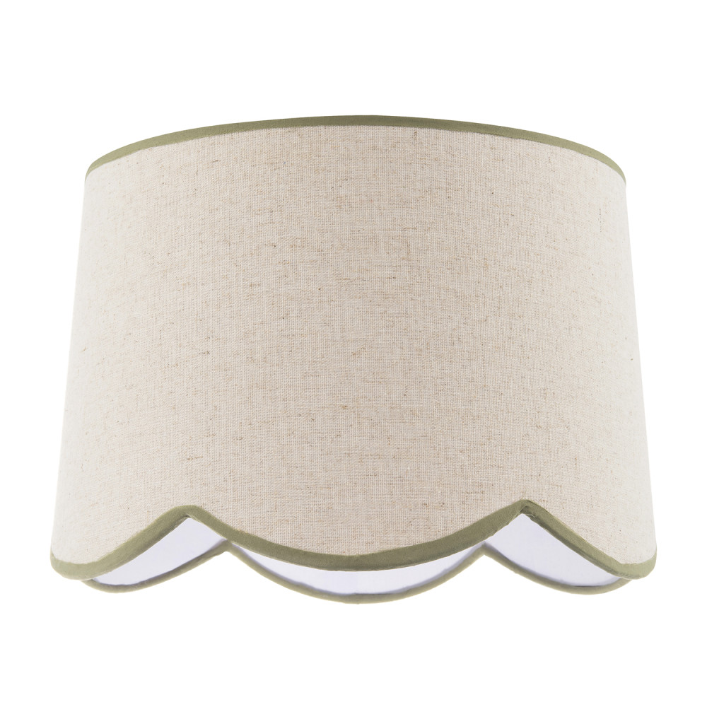 Natural Oatmeal Textured Linen Scallop Lamp Shade with Olive Trims by Happy H...