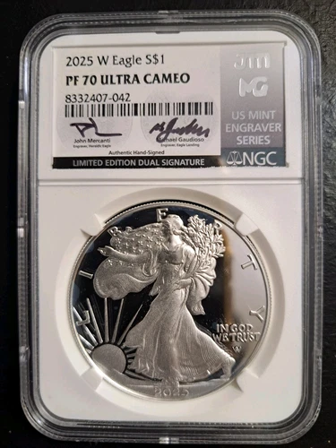 2025 W PROOF SILVER EAGLE NGC PF70 MERCANTI GAUDIOSO LIMITED DUAL SIGNATURE MES 