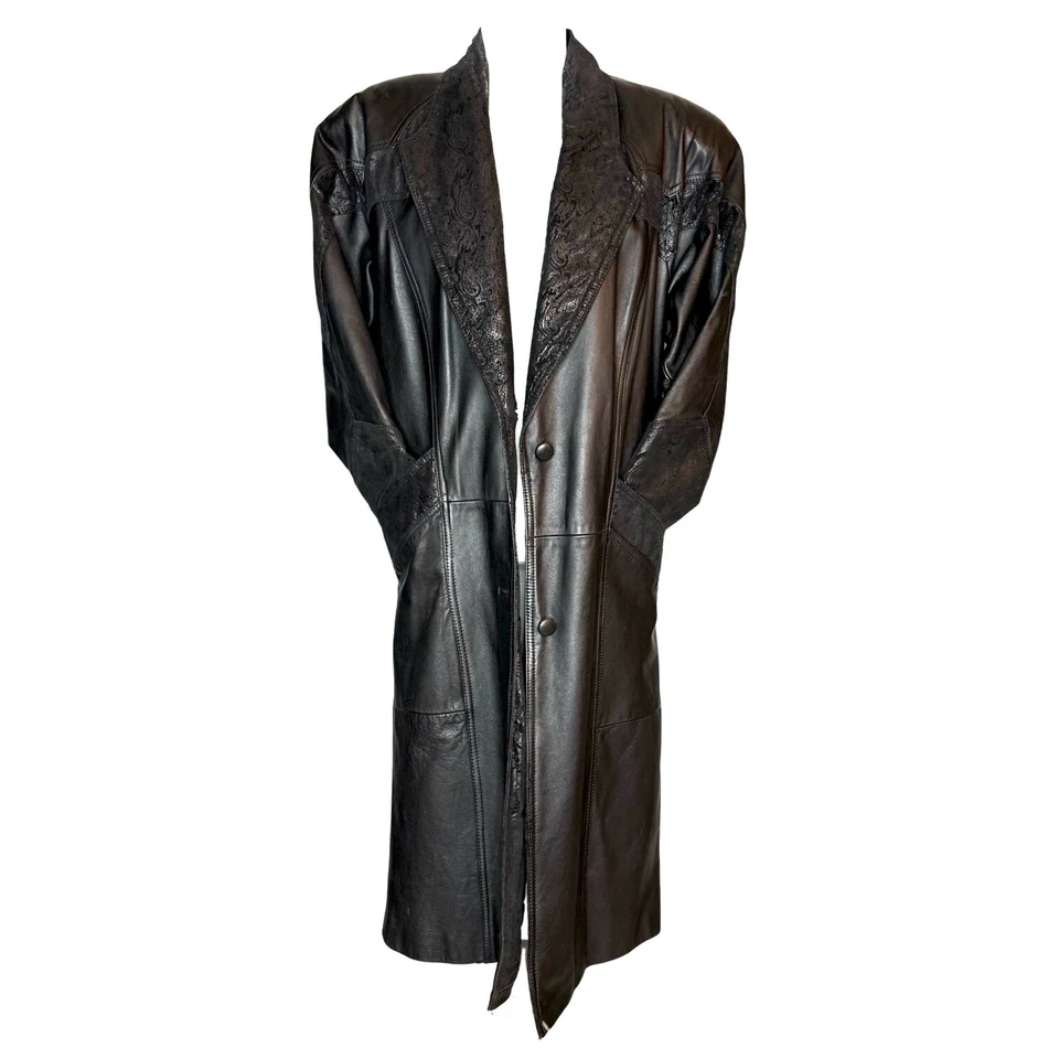 Vintage Winlit Leather Trench Coat S Black Paisley Embossed 80s Western Korea - Image 2 of 4