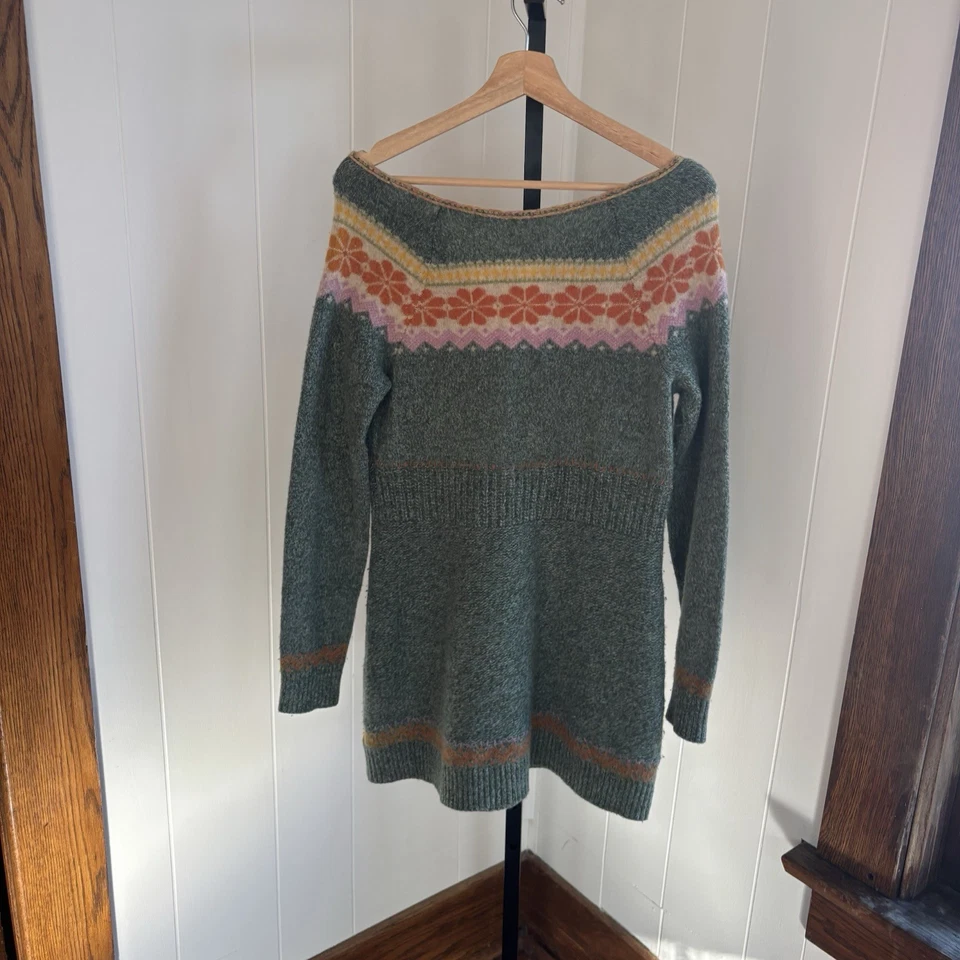 Free People Green Wool Blend Fair Isle Boho Tunic Sweater V-Neck Tie Front Large - Image 3 of 4