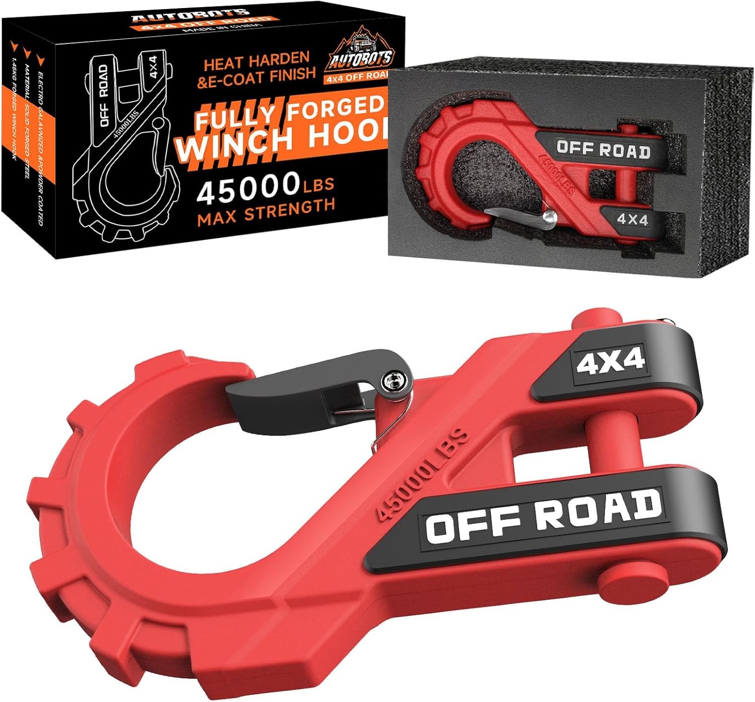 3/8" Winch Hook Max 45,000 Lbs, Heavy Duty ATV Winch Hook with Safety Latch red