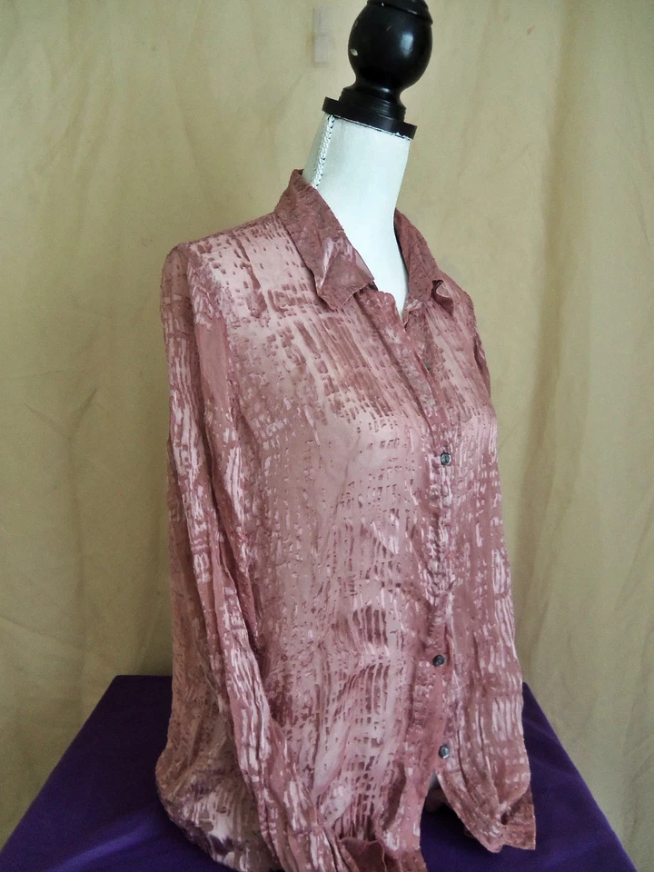 Blusa de los 90 NY&Co rosa polvorienta rayón/seda semi transparente burnout. Talla L. Foto 3 de 4