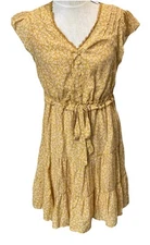 Indigo Rose NWT Midi Dress Women’s SZ Large Mustard Yellow White Floral Stretch