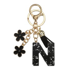 Alphabet Initial Letter Keychain Cute Charm with Tassel Flower Letter N Black