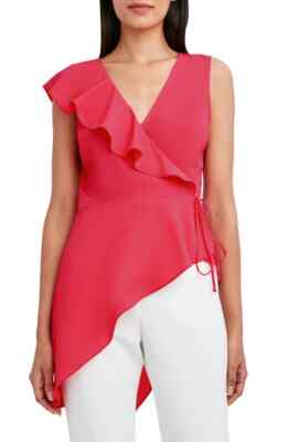 NWT BCBG MaxAzria Asymmetric ruffle wrap top Tunic Blouse Geranium Pink ...