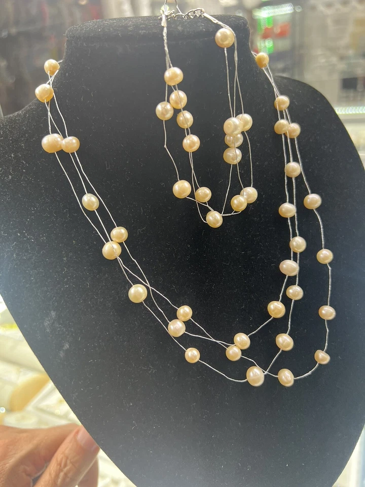 Conjunto de colar e pulseira de pérolas de água doce real com várias cordas duas peças ótimo - Imagem 3 de 4
