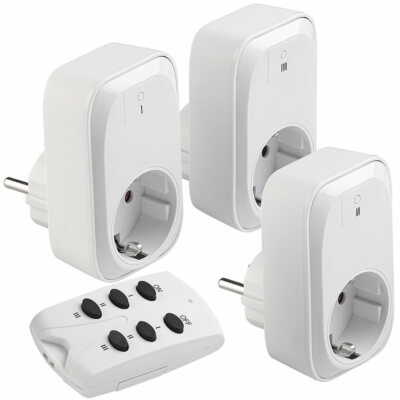 revolt 3er-Set Funk-Steckdosen mit Fernbedienung, 30 m, 3.680 Watt/16 A, weiß