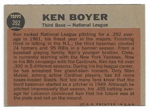 KEN BOYER 1962 Topps AS #392 St. Louis Cardinals SALE GOES TO GOOD CAUSE π₯βΎπ₯2 - Picture 2 of 2