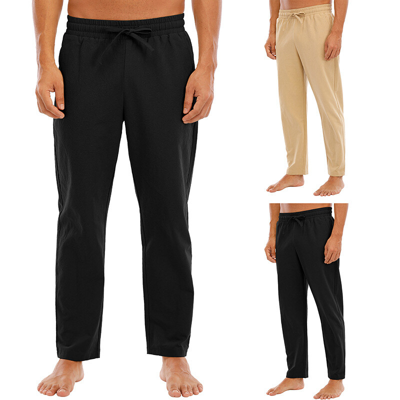 Mens Cotton Linen Drawstring Beach Pants Elastic Waist Casual Jogger Yoga Pants