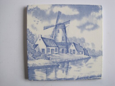 ANTIKE/VINTAGE 6'' DELFTER STIL BLAU & WEISSE FLIESE - WINDMÜHLE AM FLUSS