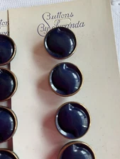 10 NAVY BLUE GLASS VINTAGE SCHWANDA BUTTONS S DESIGN GOLDTONE RIM NOS 12mm