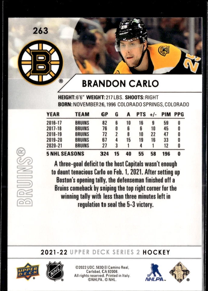 2021-22 Upper Deck #263 Brandon Carlo - Image 2 of 2