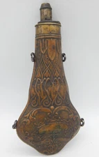 ANTIQUE G & JW HAWKSLEY VIOLIN COPPER & BRASS POWDER FLASK with LILY LEAF -TF821