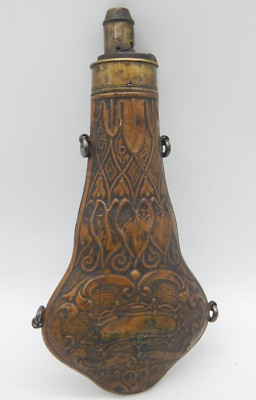 ANTIQUE G & JW HAWKSLEY VIOLIN COPPER & BRASS POWDER FLASK with LILY LEAF -TF821