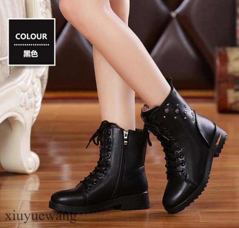 Fashion Womens Punk Shoes Rivet Lace Up Round Toe Motorcycle Boots Low Heel Size