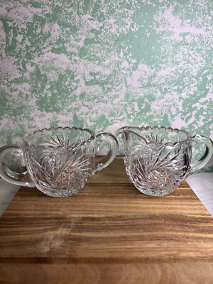 Antique American Brilliant Period Hobstar Clear Cut Glass Creamer and Sugar Set