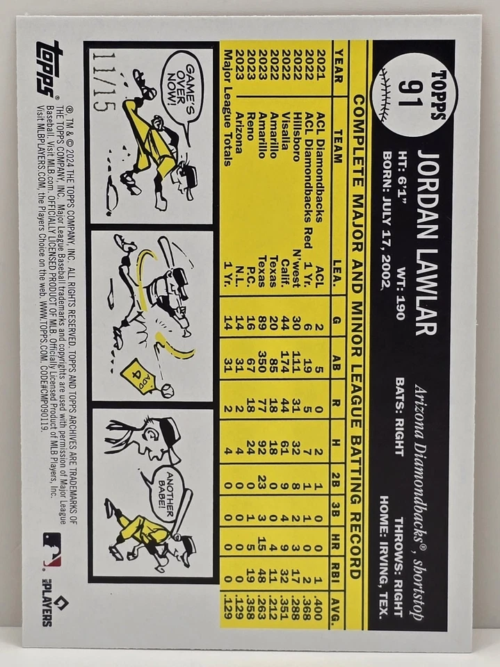 2024 Topps Archives Jordan Lawlar RC #91 Orange Hot Foil 11/15 SSP - Image 2 of 2