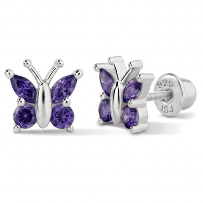 Dainty CZ Butterfly Baby / Toddler / Kids Earrings Screw Back - Sterling Silver