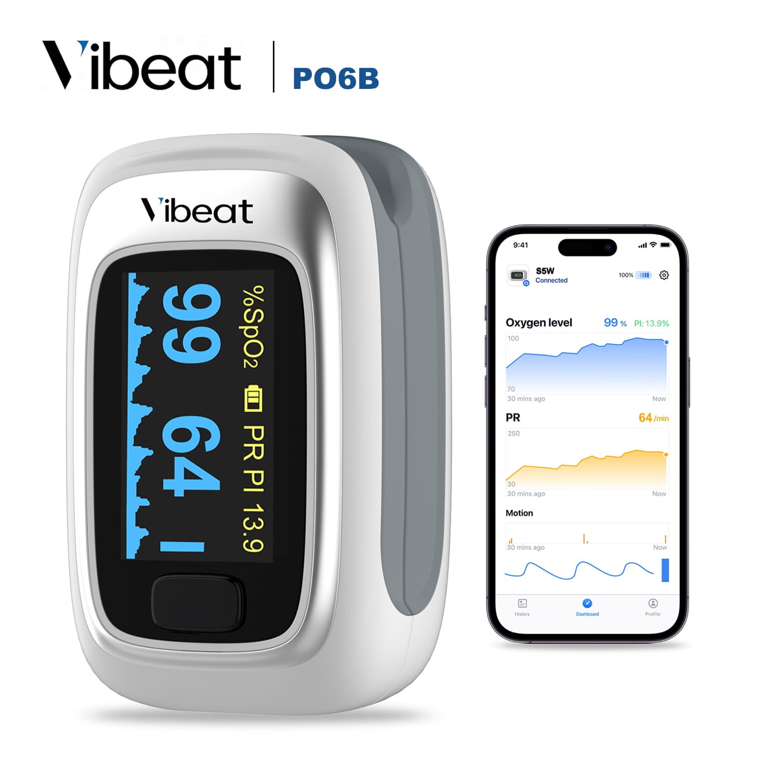 Vibeat Bluetooth Pulse Oximeter, Blood Oxygen Heart Rate Monitor SpO2 with Alarm