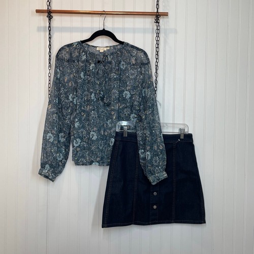 NWOT Anthropologie & Theory Let Me Be Puff-Sleeved Blouse & Denim Skirt SET S