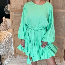 Rhode Ella Green Mini Dress pleated with belt long puffy sleeve size medium