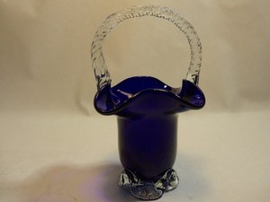 Hand Blown Blue and Clear Glass Basket, 6 Inches Tall, 3.5 Across