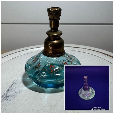 Antique Bohemian Moser? Glass Turquoise Floral Enamel Perfume Bottle Glow As Is