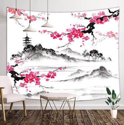 Japanese Watercolor Spring Tapestry Wall Hanging, Mount Fuji with Cherry Blosso