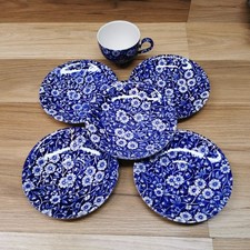 Vintage Burleigh Blue Calico Small Coffee Cup and Saucer + 4 Spare Saucers