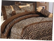 7 Piece Brown Queen Size Safari Bed in A Bag Animal Print Zebra, Giraffe