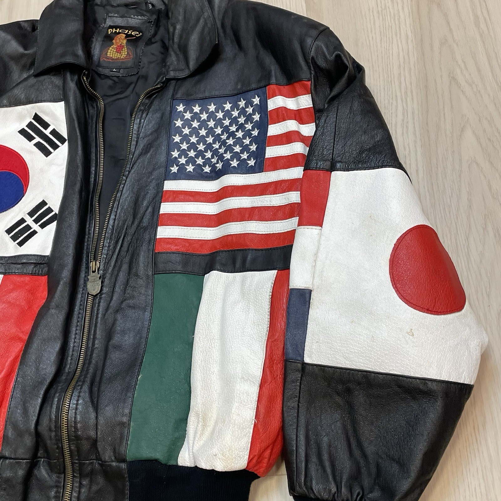Phase 3 World Flags Bomber Leather Jacket Vintage… - image 3