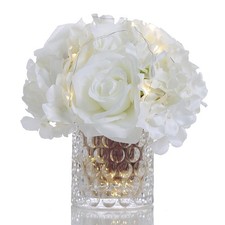 Rose Silk Flower Arrangement Artificial Vivid Rose in Glass Vase with LED Lig...