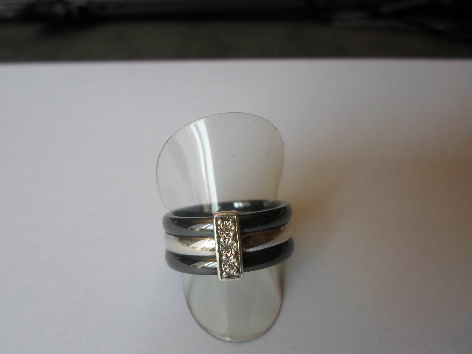 ceramic and solid silver ring, triple rows, rhine… - image 9