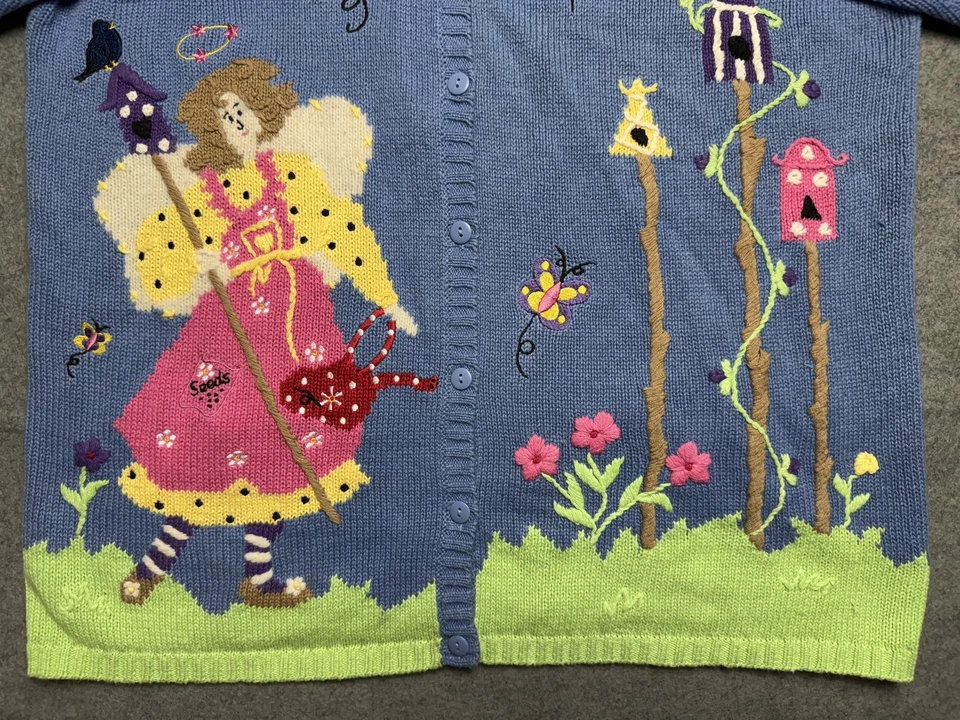 Quacker Factory Sweater Womens Large Blue Angel Birdhouse Cardigan Whimsical - Image 3 of 4