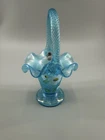 Fenton Hand Painted Blue Iridescent Glass Basket Daisy Floral Pam Fleak Signed