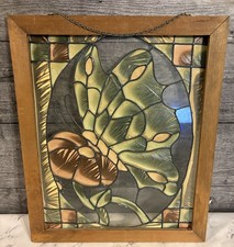 LARGE VINTAGE STAINED GLASS BUTTERFLY COLORFUL WINDOW/SUNCATCHER FRAMED HANGING