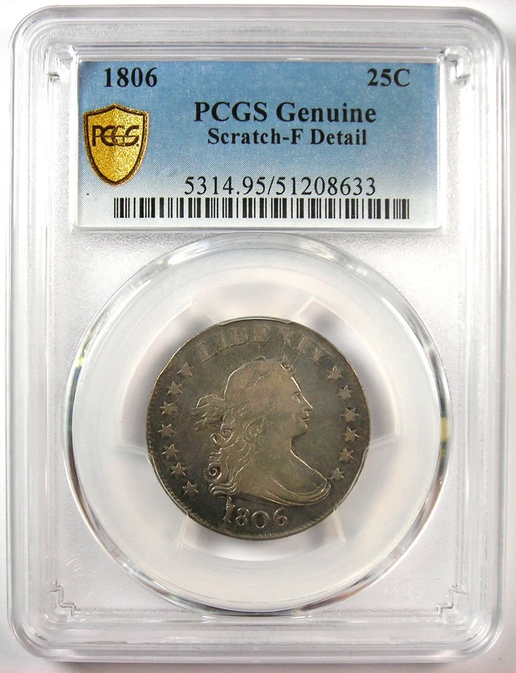 Moneda de 25 centavos busto drapeado 1806 - Certificada PCGS detalles finos - ¡Fecha rara! Foto 2 de 4