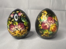 Vintage Pair Of Russian Wooden Hand Painted Lacquered Eggs Signed Black Flowers