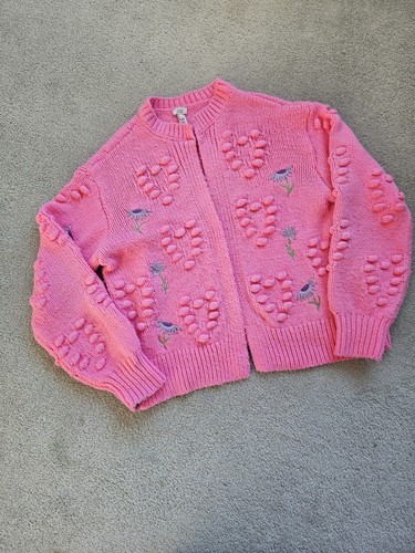 River Island Pink Embroidered Heart Bobble Chunky Knit Cardigan, Size M, 12-14 - Picture 1 of 5